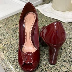 Galiano  platform burgundy patent horse shoe open toe woman’s heels